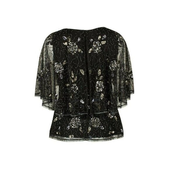 Women's 6 Adrianna Papell Embellished Capelet Top BLACK SEQUINS BEADS MESH - Picture 5 of 8